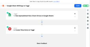 Zapier Google sheet to Toggl zap